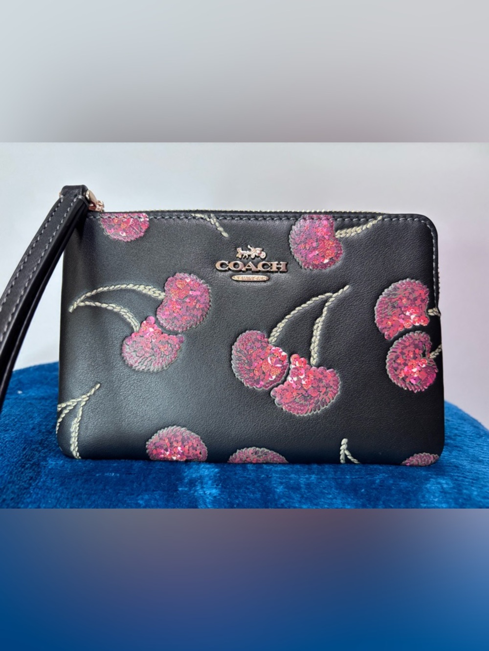 COACH NWT Black & Red Glitter Cherry Leather Wristlet